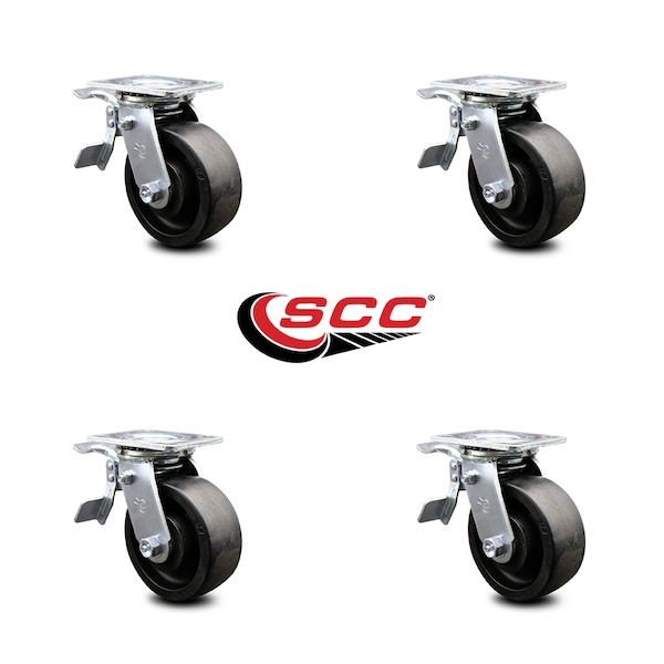 5 Inch Glass Filled Nylon Caster Set with Ball Bearings and Total Lock Brakes